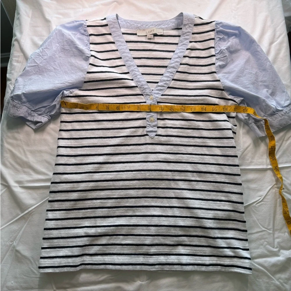LOFT Striped V-Neck Blouse with Light Purple Sleeves - Picture 1 of 4